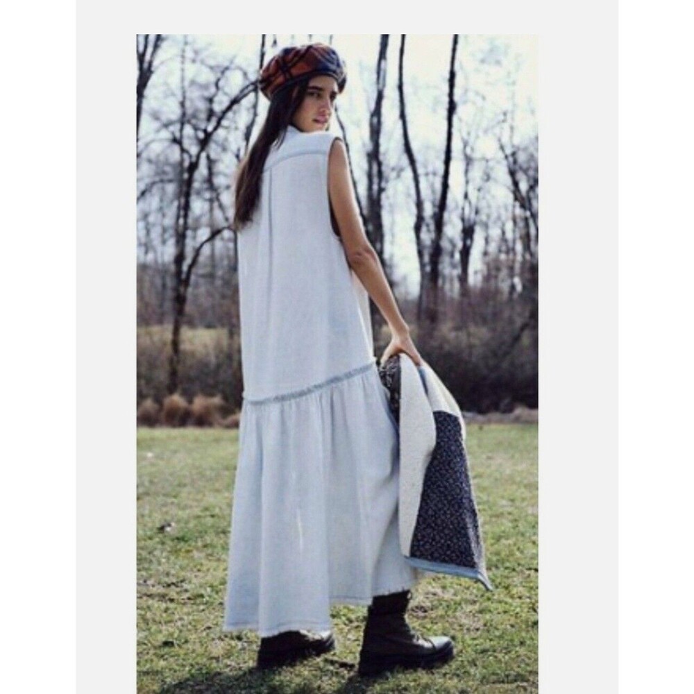 Free People Charlie Drop Waist Acid Wash Denim Maxi Dress Duster Size XSmall